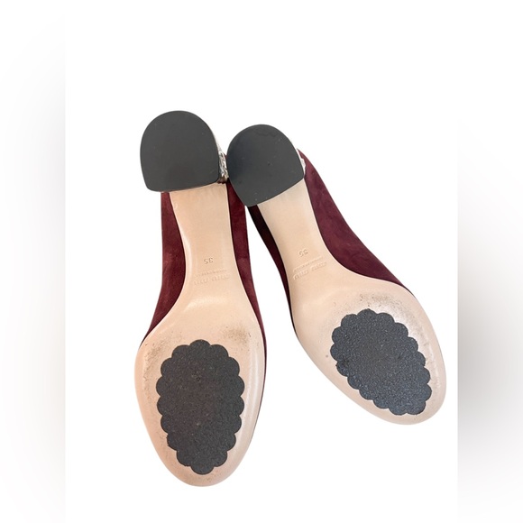 Miu Miu Burgundy Suede Crystal Embellished Block Heel Pumps - Picture 7 of 7